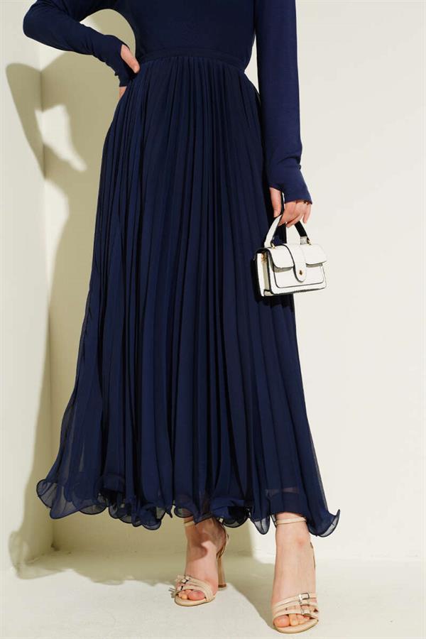 Waist Zippered Chiffon Pleated Skirt Navy Blue