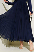 Waist Zippered Chiffon Pleated Skirt Navy Blue