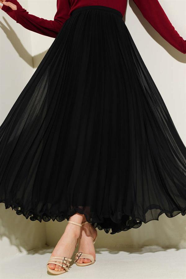 Waist Zippered Chiffon Pleated Skirt Black
