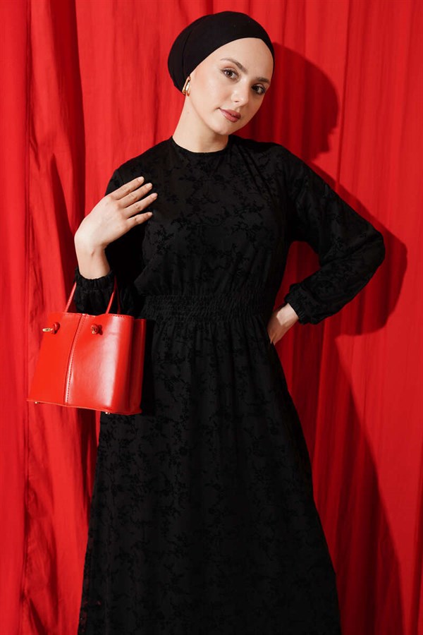 Black Floral Tulle Dress with Waistband