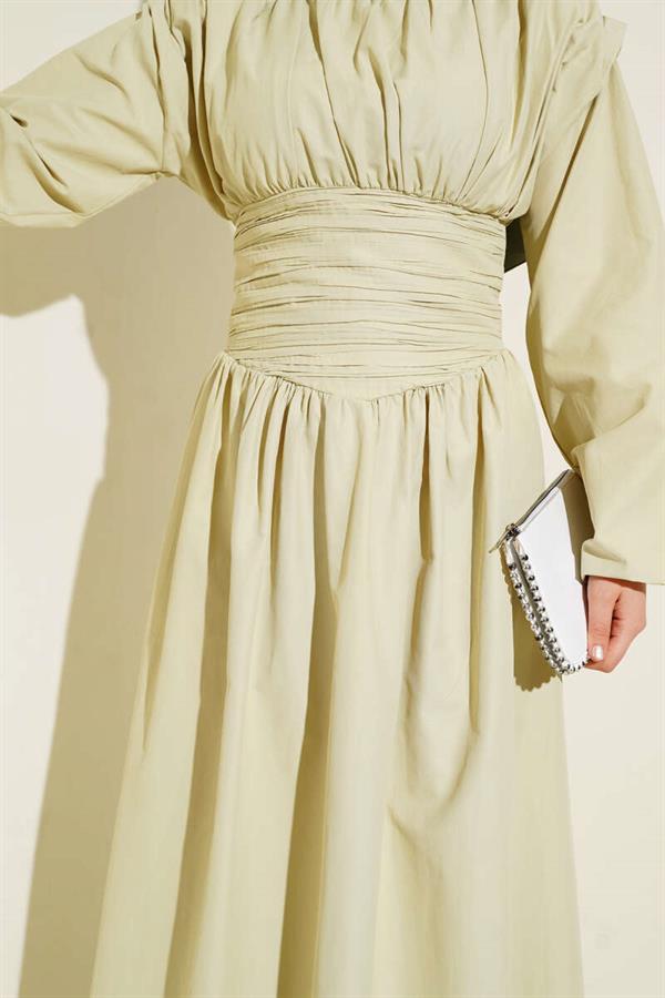 Waist-Girted Flared Dress, Almond Green