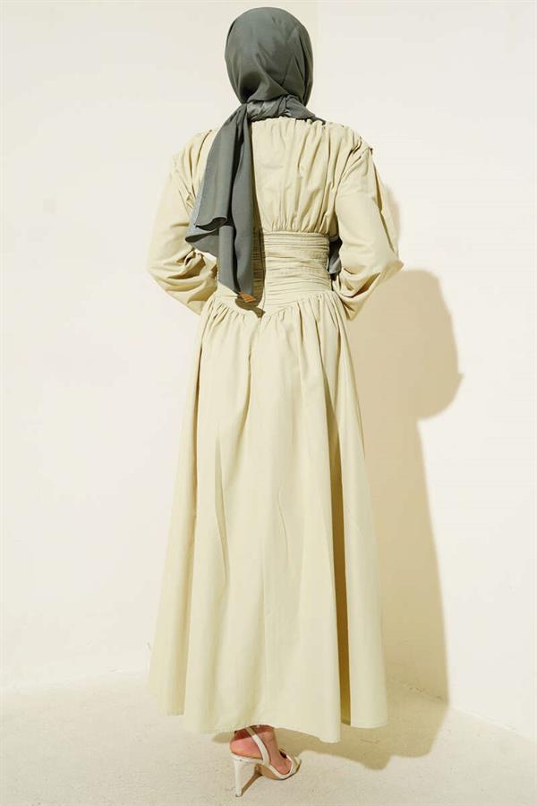 Waist-Girted Flared Dress, Almond Green