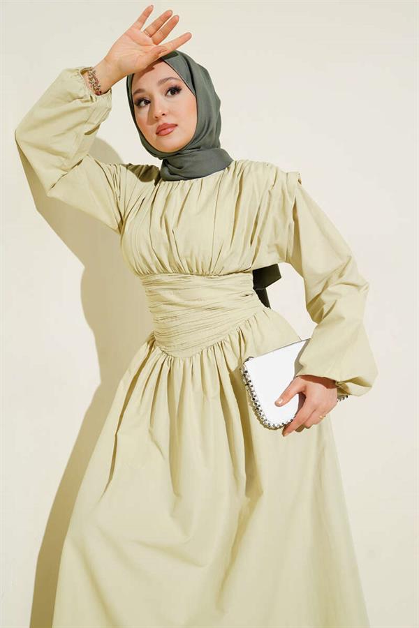 Waist-Girted Flared Dress, Almond Green
