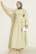 Waist-Girted Flared Dress, Almond Green
