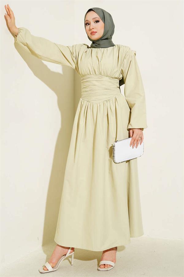 Waist-Girted Flared Dress, Almond Green
