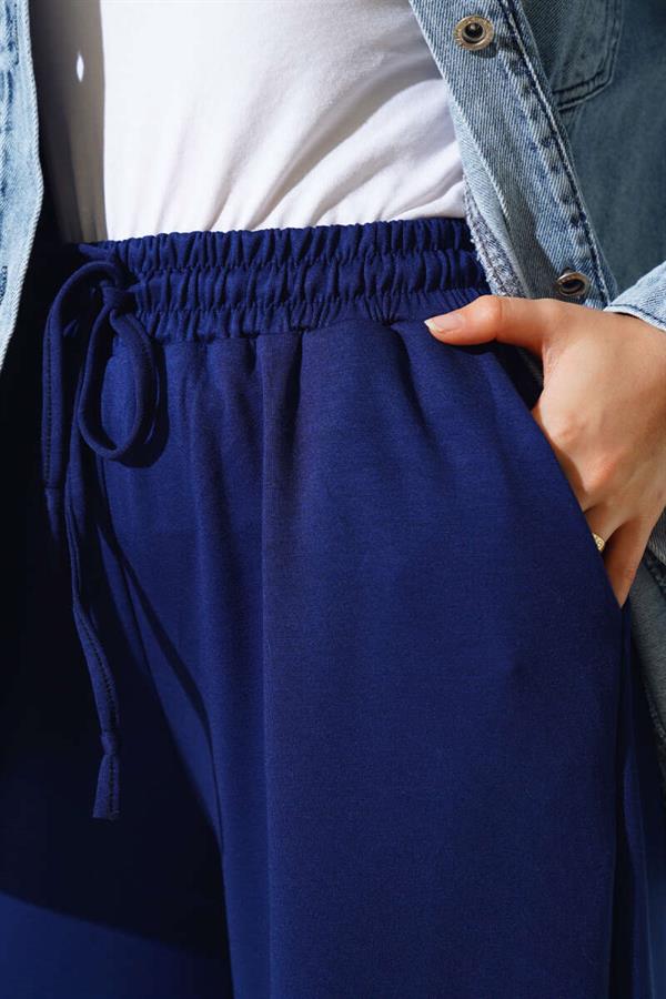 Waist Rope Tied Wide Trousers Navy Blue