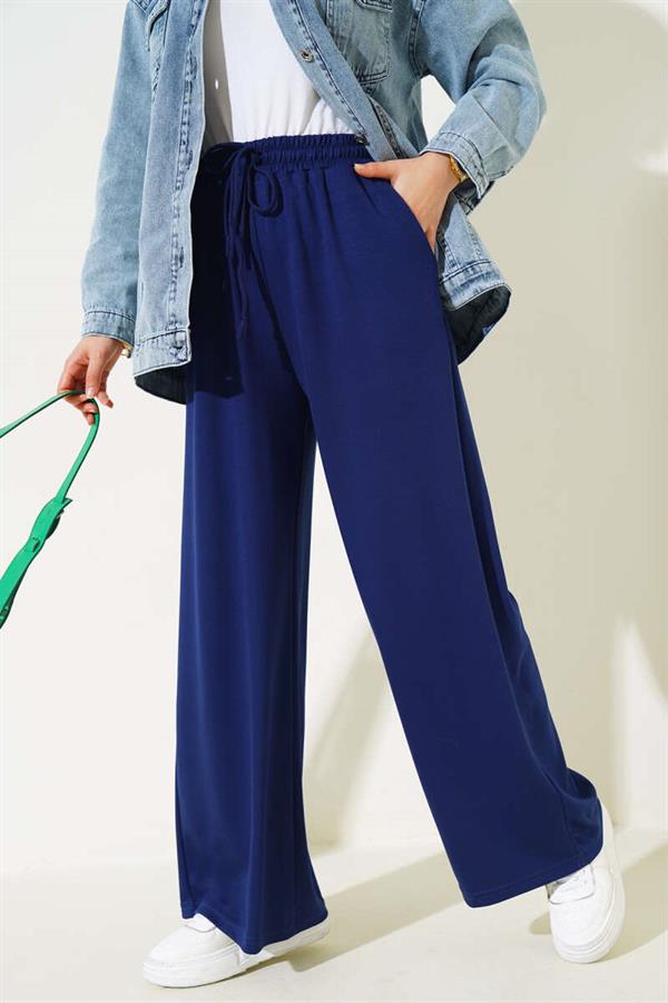 Waist Rope Tied Wide Trousers Navy Blue