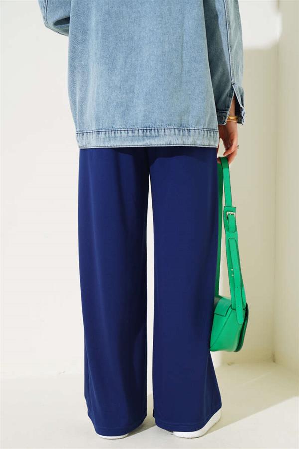Waist Rope Tied Wide Trousers Navy Blue
