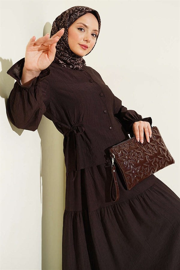 Two-Piece Skirt 2 Piece Set with Belt Tie, Dark Brown