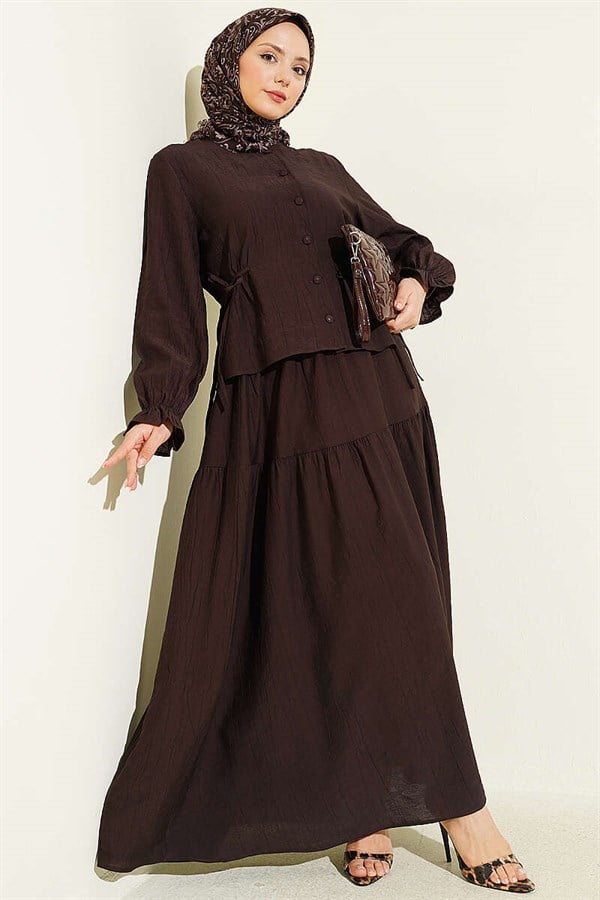 Two-Piece Skirt 2 Piece Set with Belt Tie, Dark Brown