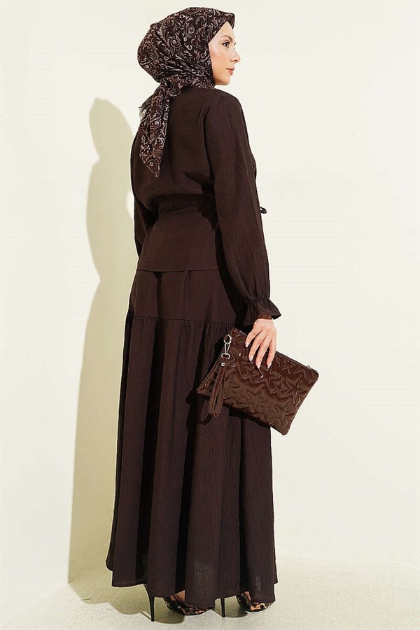 Two-Piece Skirt 2 Piece Set with Belt Tie, Dark Brown