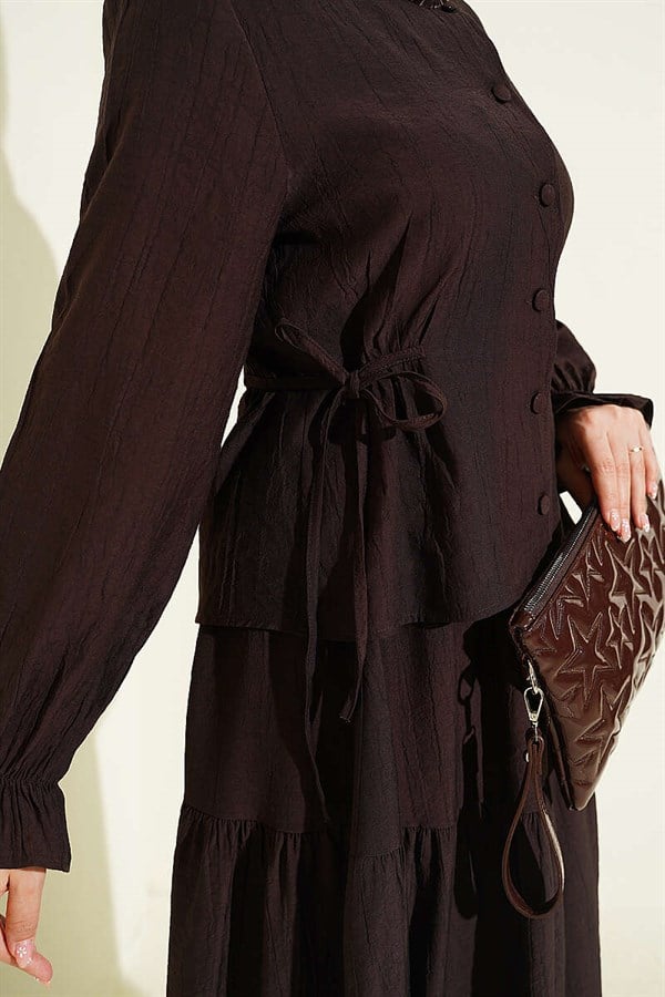 Two-Piece Skirt 2 Piece Set with Belt Tie, Dark Brown