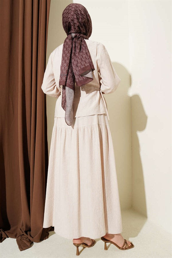2 Piece Set with Belted Skirt, Beige
