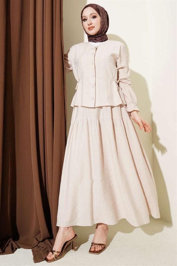 2 Piece Set with Belted Skirt, Beige