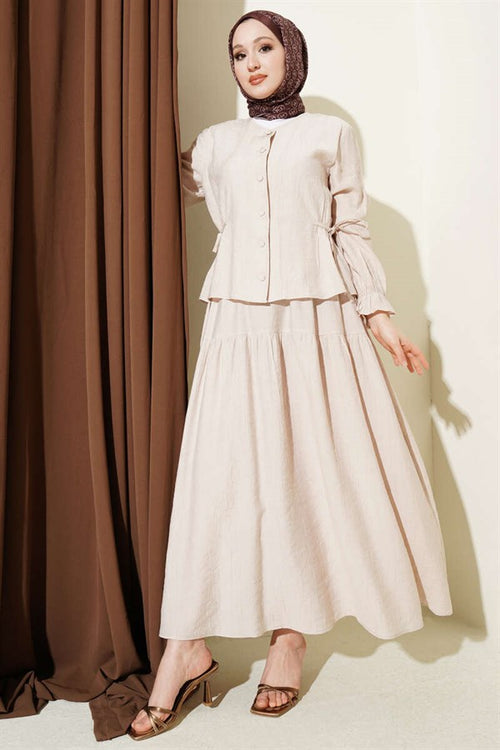 2 Piece Set with Belted Skirt, Beige