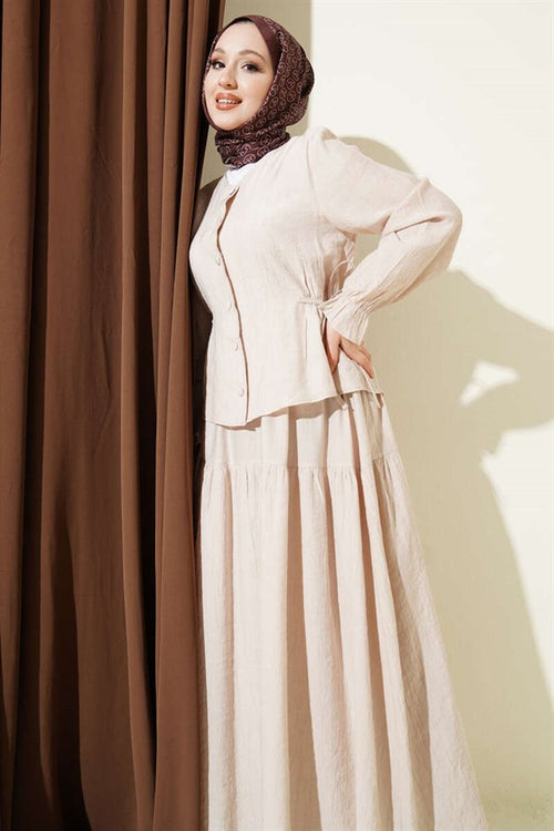 2 Piece Set with Belted Skirt, Beige