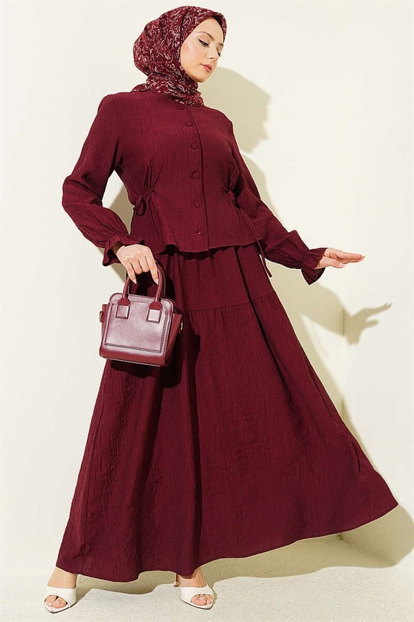 2 Piece Set with Belted Skirt in Burgundy