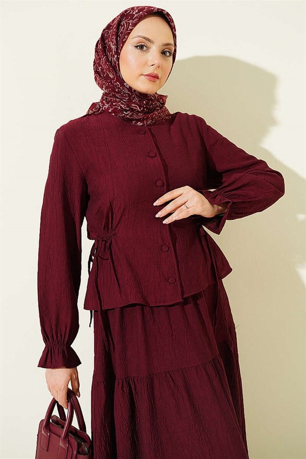 2 Piece Set with Belted Skirt in Burgundy