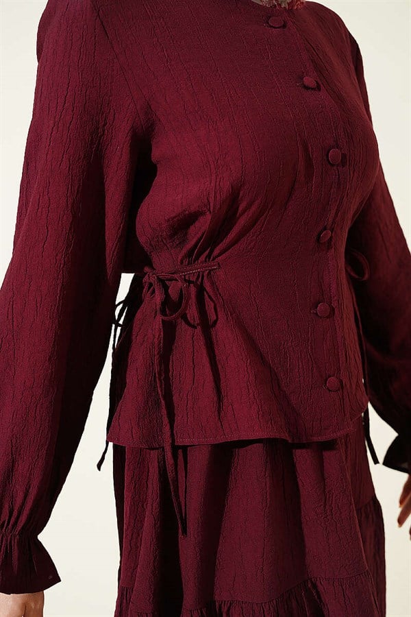 2 Piece Set with Belted Skirt in Burgundy