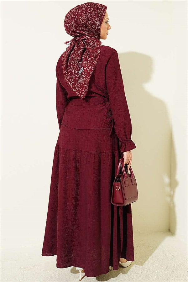 2 Piece Set with Belted Skirt in Burgundy