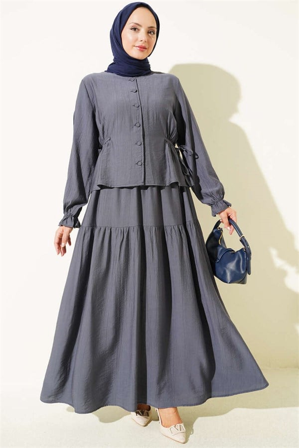 2 Piece Set Skirt with Belt Tie, Smoke Grey