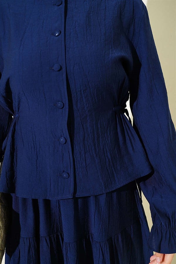 2 Piece Set with drawstring waist and skirt, navy blue.