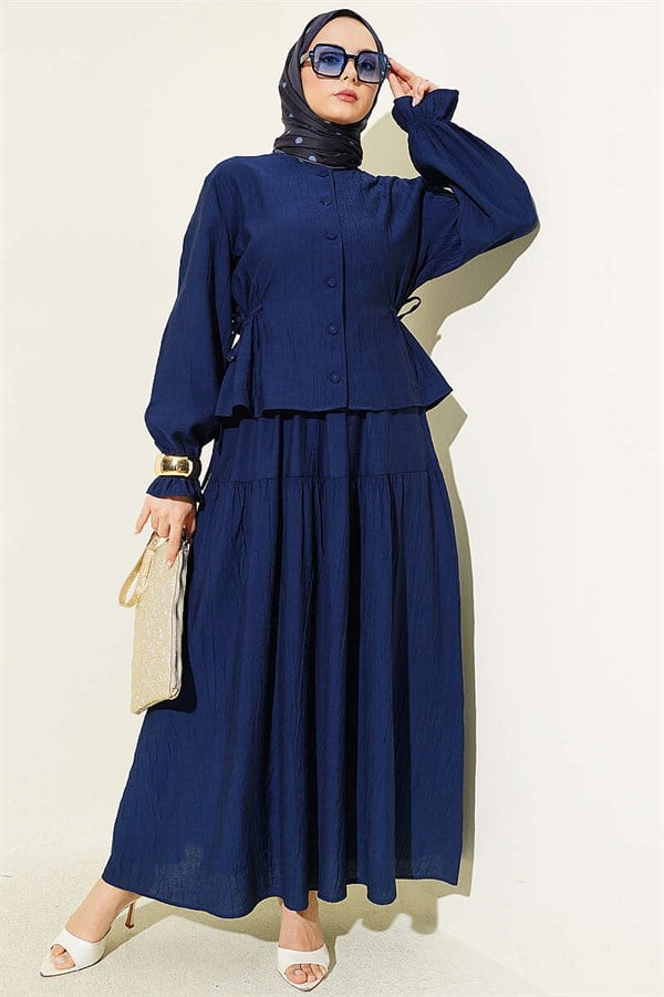 2 Piece Set with drawstring waist and skirt, navy blue.