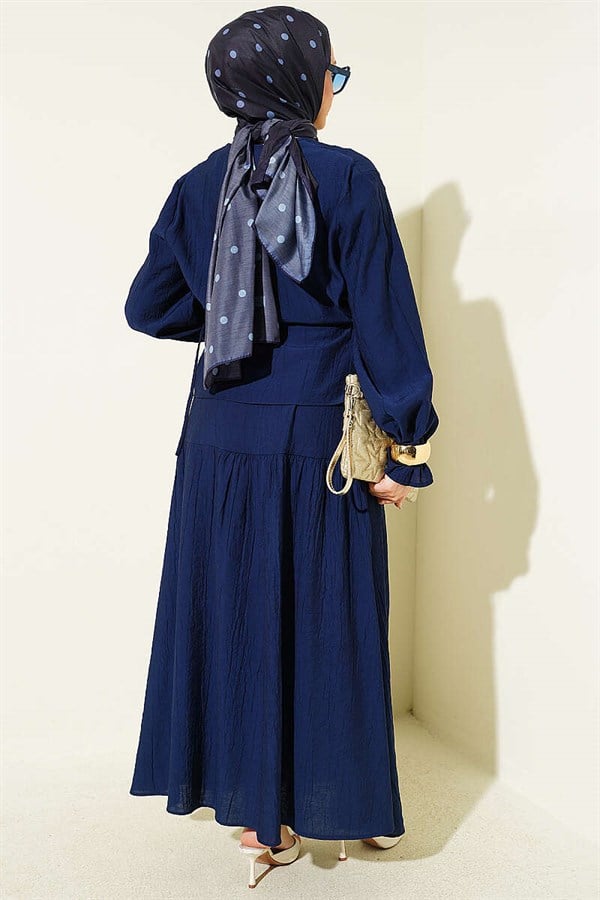 2 Piece Set with drawstring waist and skirt, navy blue.