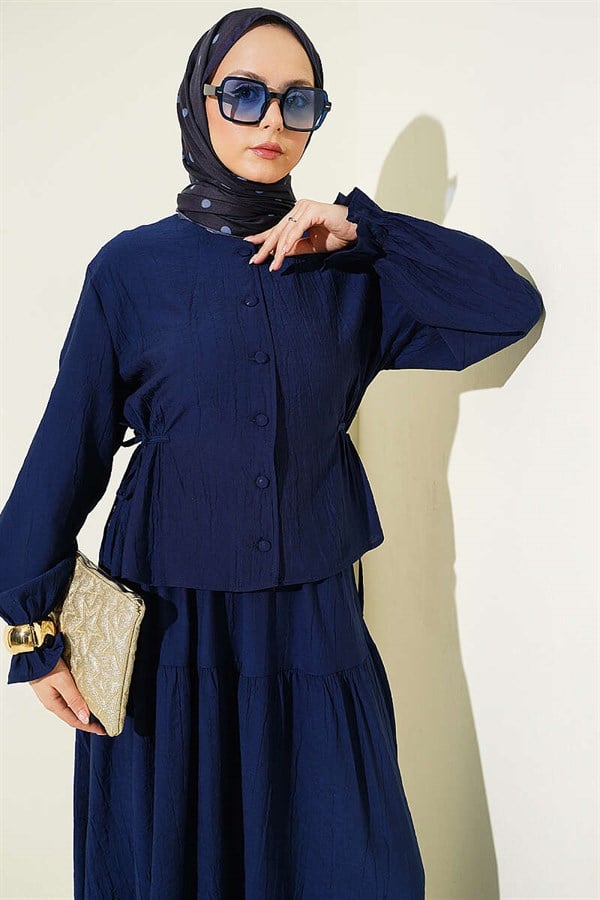 2 Piece Set with drawstring waist and skirt, navy blue.