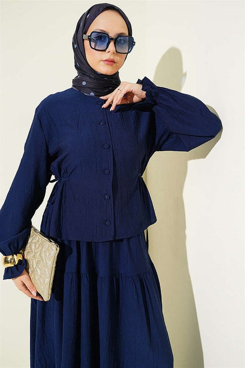 2 Piece Set with drawstring waist and skirt, navy blue.
