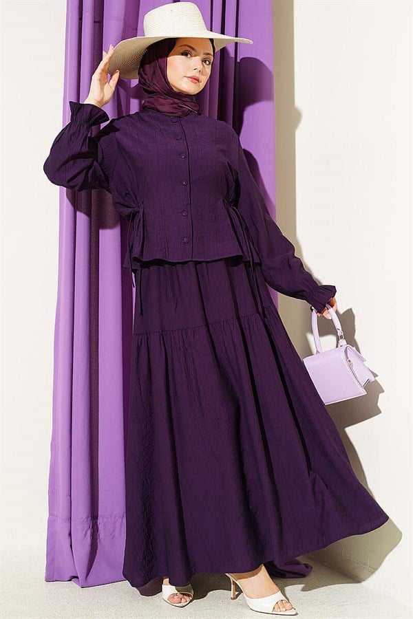 Two-Piece Skirt 2 Piece Set with Belt Tie, Purple