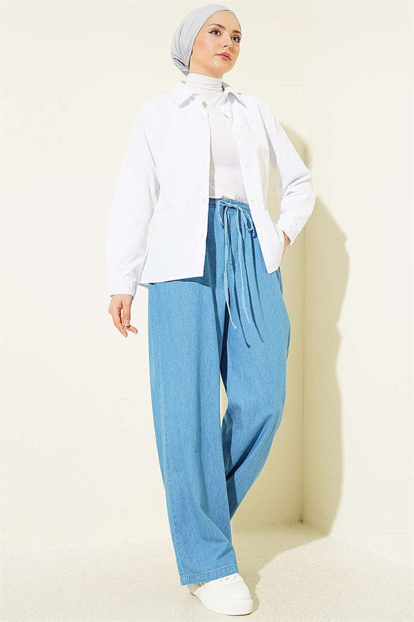 Wide-Leg Jeans with Drawstring Waist, Light Blue