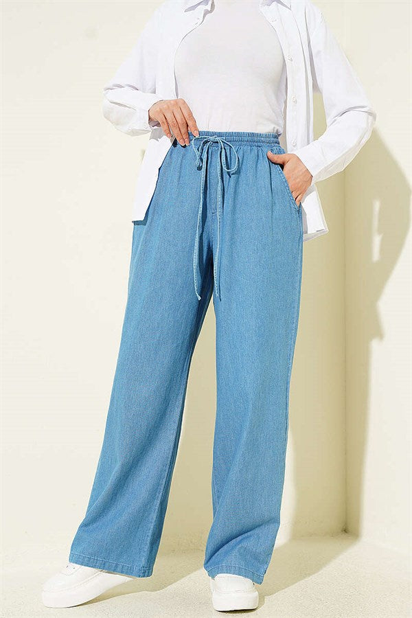 Wide-Leg Jeans with Drawstring Waist, Light Blue