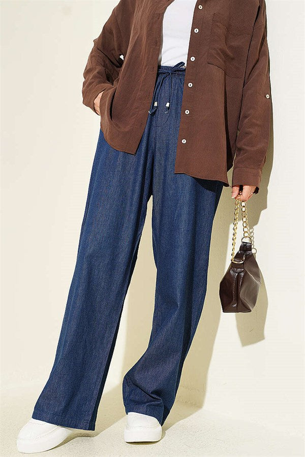 Navy Wide Leg Jeans with Drawstring Waist