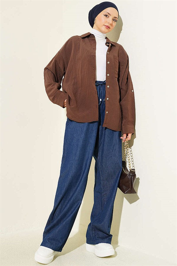 Navy Wide Leg Jeans with Drawstring Waist