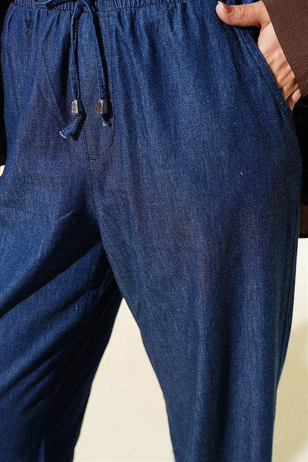 Navy Wide Leg Jeans with Drawstring Waist