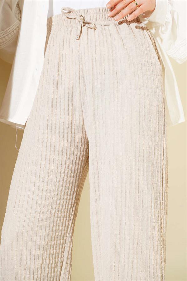 Waist Drawstring Embossed Trousers Beige