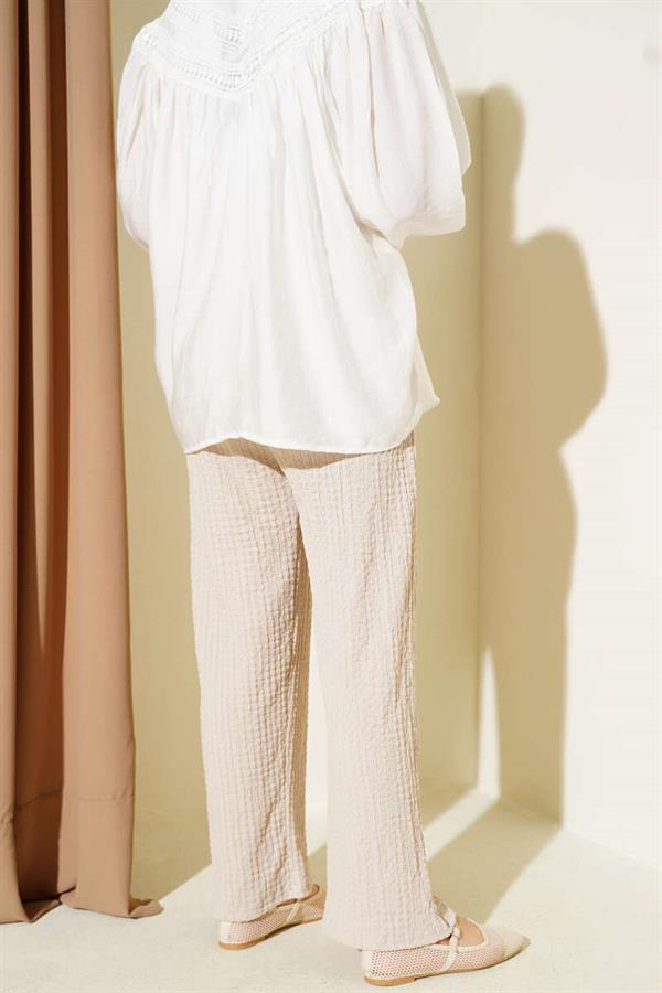 Waist Drawstring Embossed Trousers Beige