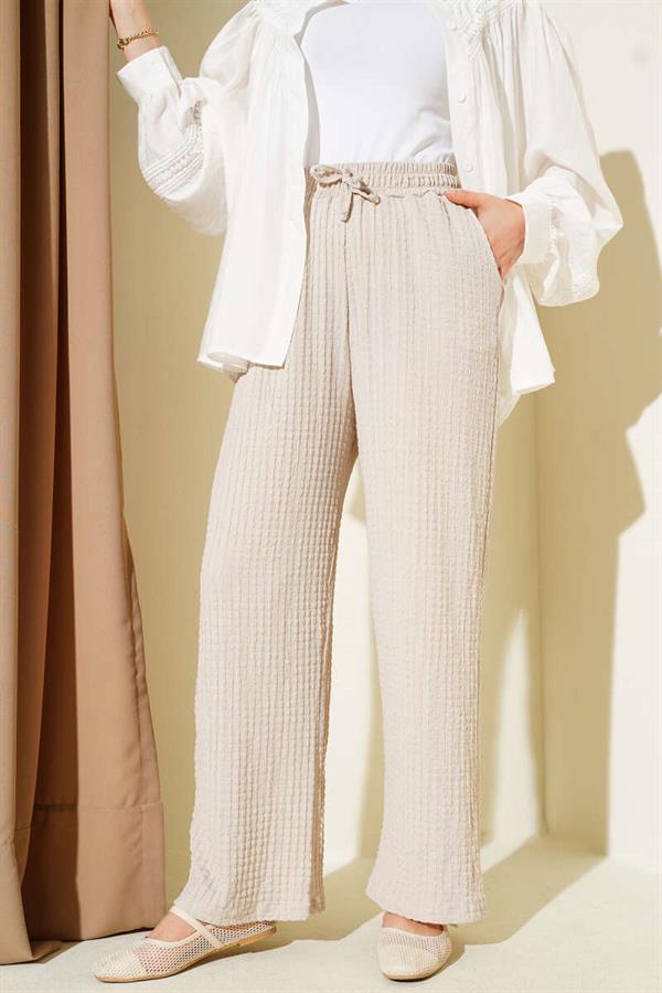 Waist Drawstring Embossed Trousers Beige