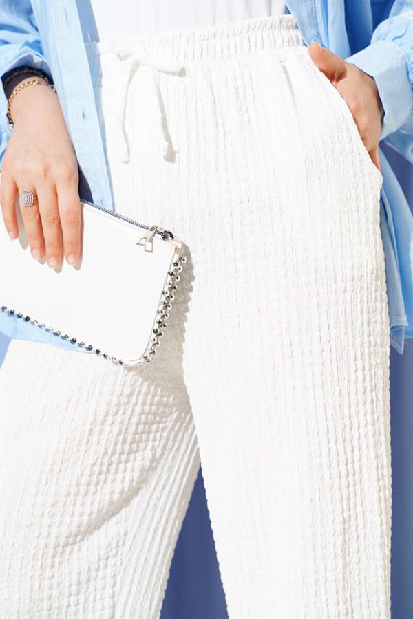Waist Drawstring Embossed Trousers White