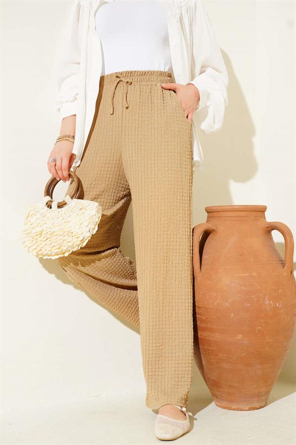 Waist Drawstring Embossed Trousers Camel