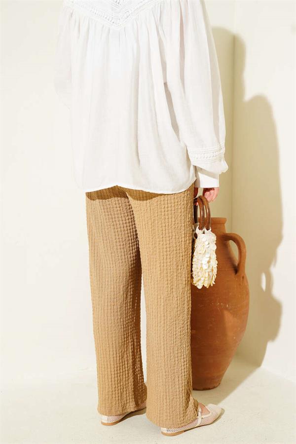 Waist Drawstring Embossed Trousers Camel