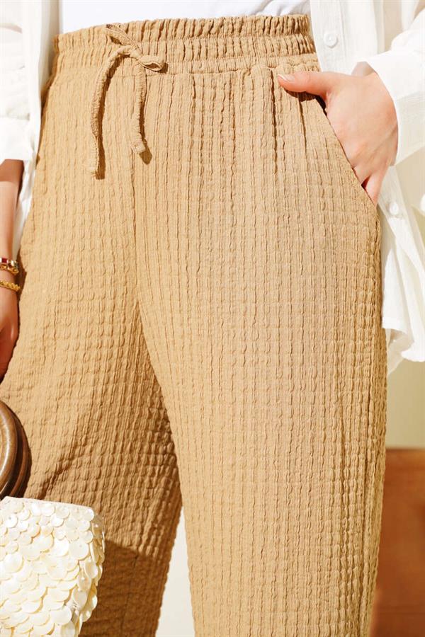 Waist Drawstring Embossed Trousers Camel