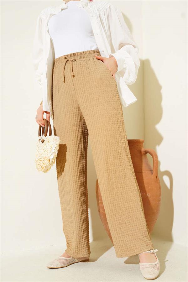 Waist Drawstring Embossed Trousers Camel