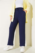 Embossed Waist Drawstring Trousers Navy Blue