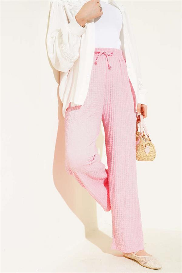 Embossed Waist Drawstring Trousers Pink
