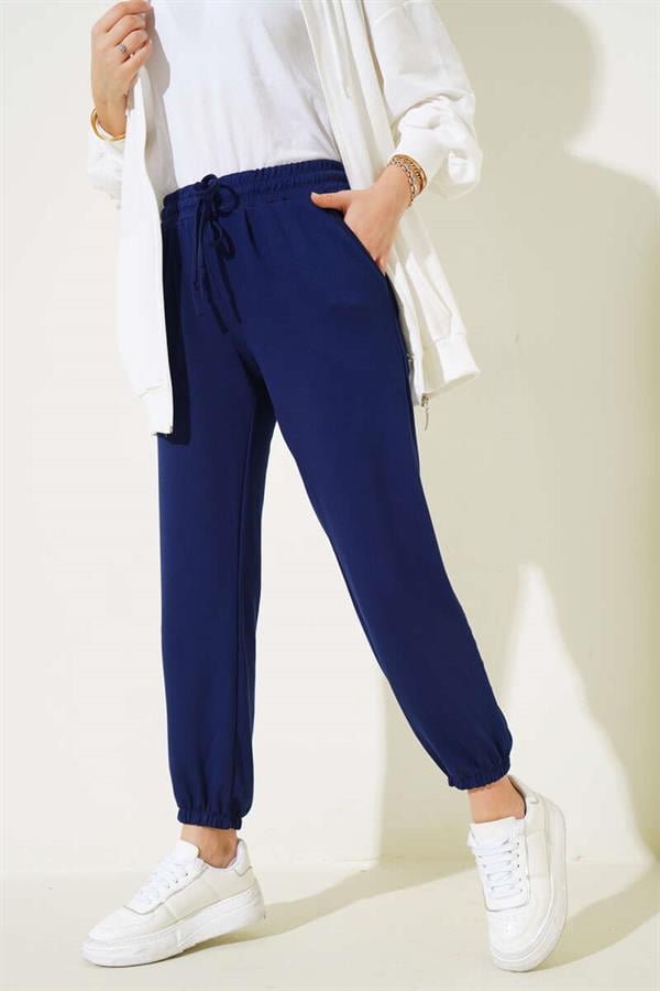  Waist String Elastic Leg Jogger Pants Navy Blue