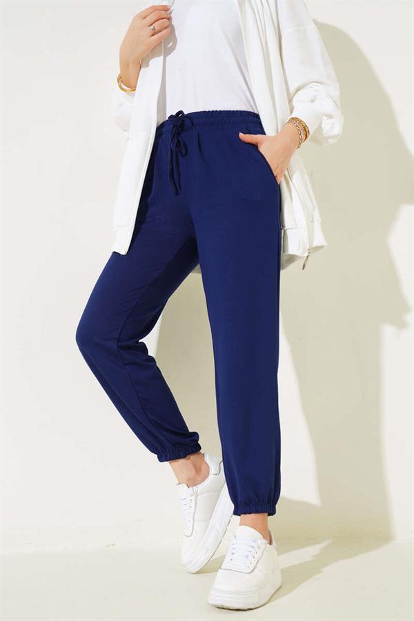  Waist String Elastic Leg Jogger Pants Navy Blue