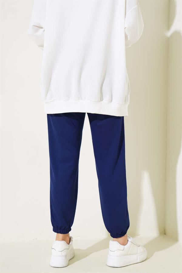  Waist String Elastic Leg Jogger Pants Navy Blue