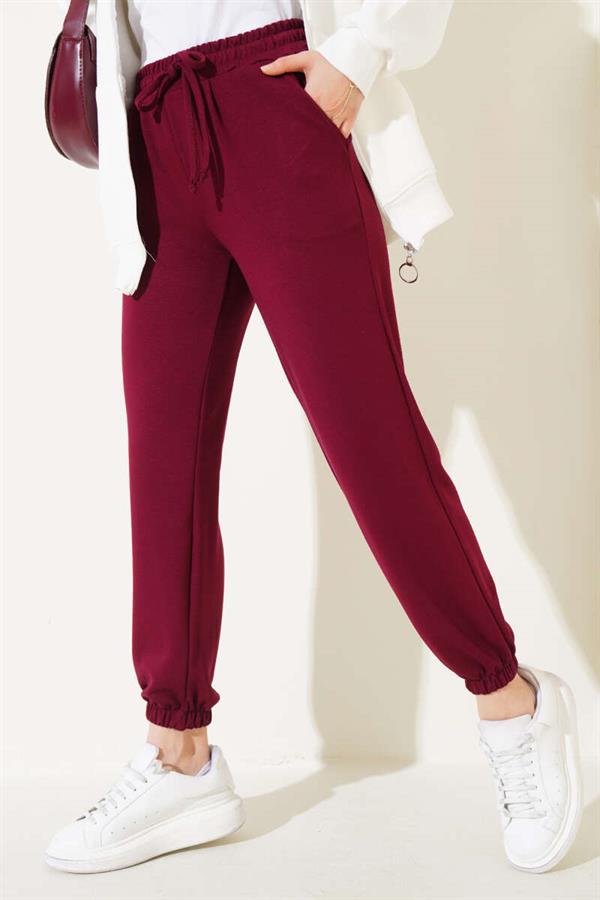 Waist String Elastic Leg Jogger Trousers Claret Red
